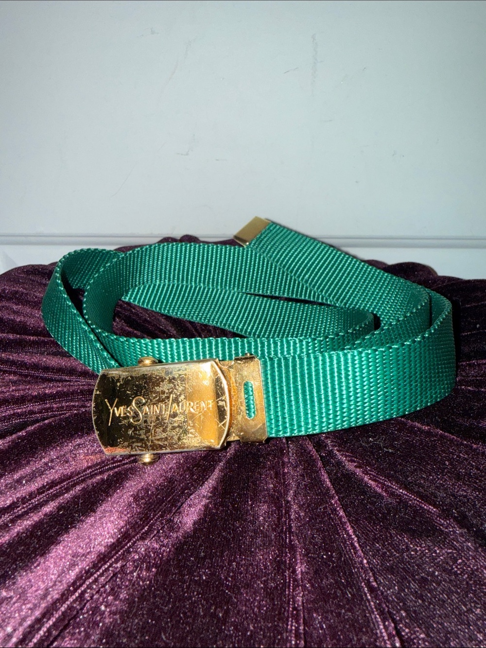 Yves Saint Laurent Emerald Webbing Belt with Gold Logo  Buckle Rare